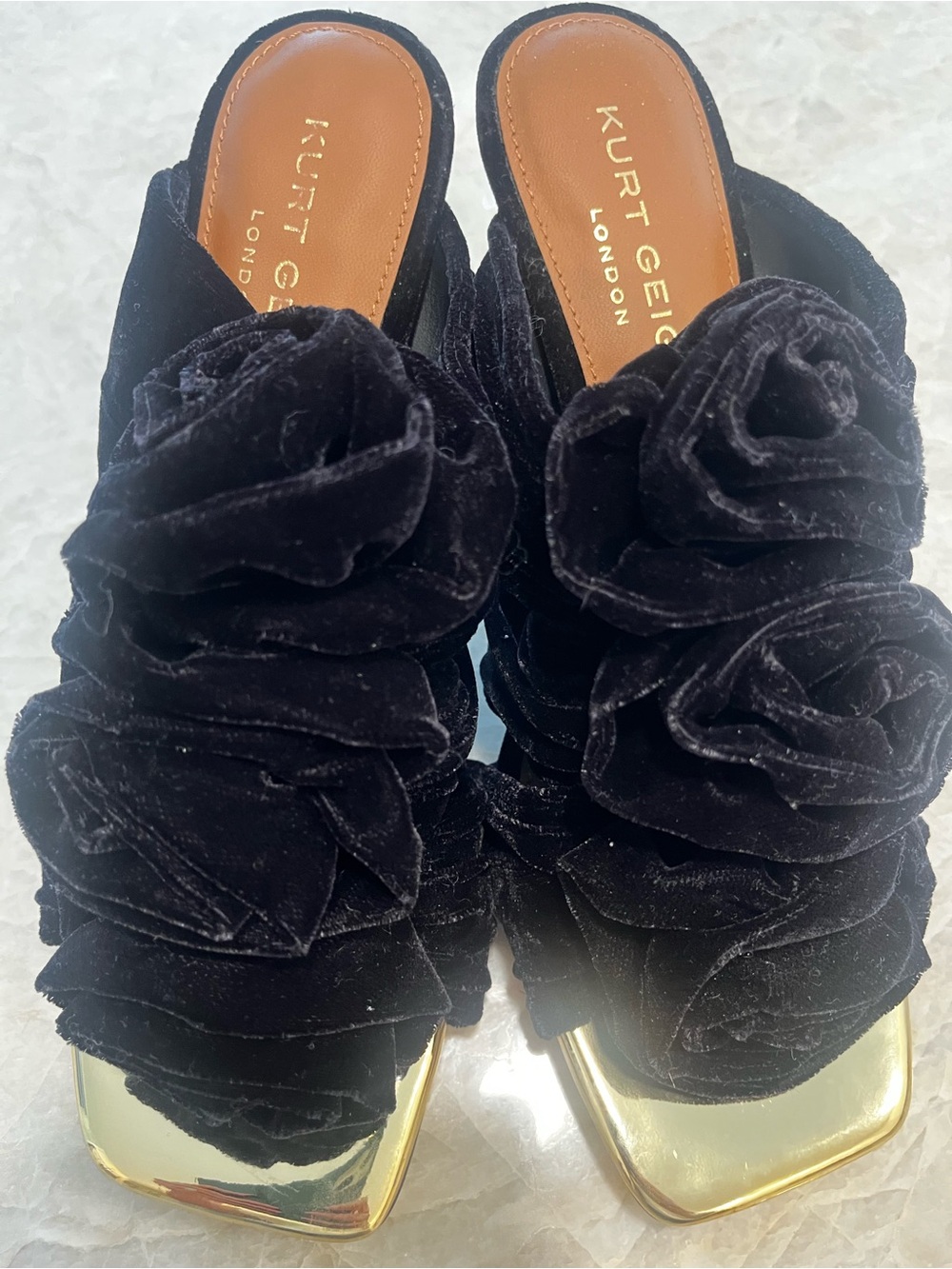 Kurt Geiger Black Velvet Rose-Embellished Slide Mules with Gold Toe